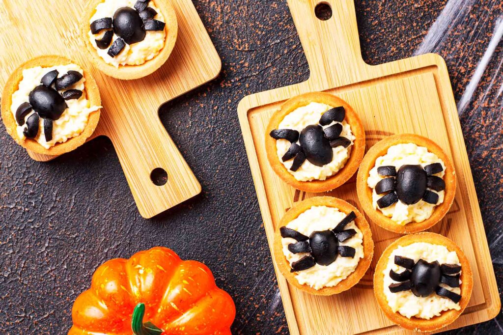 Halloween Cream Cheese Tartlets with Olive Spider Decoration