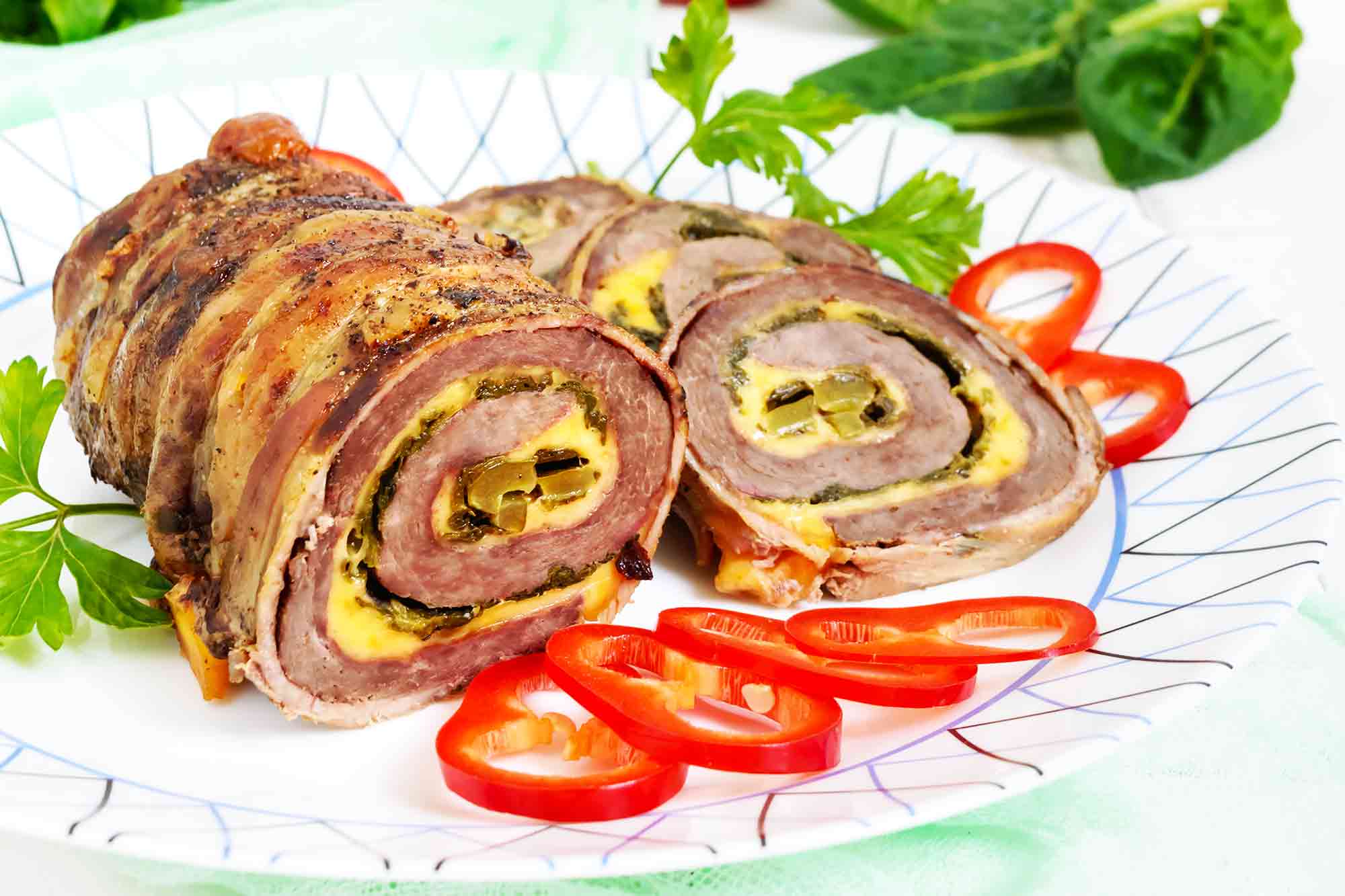 Meat Roll With Spinach, Cheese And Pickled Cucumber - How To Make Recipes