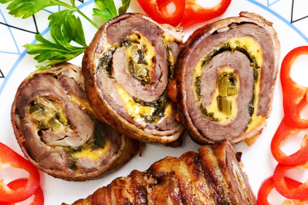 Meat Roll With Spinach, Cheese And Pickled Cucumber Recipe