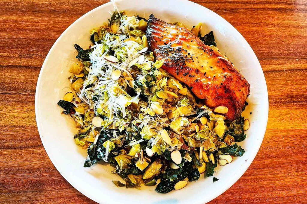 Brussels Sprouts Super Salad with Fried Salmon