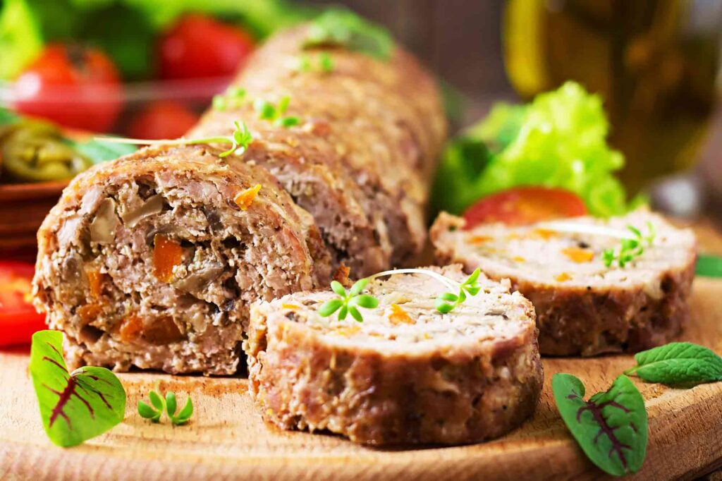 Minced Meat Loaf Roll with Mushrooms and Carrots