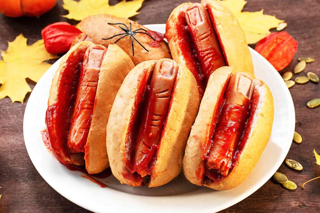 Halloween Hot Dogs With Bloodied Fingers