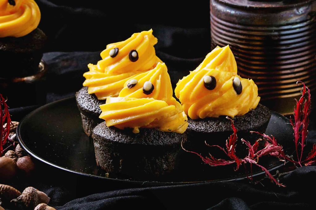 Halloween Black and Orange Ghost Cupcakes